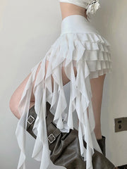 Lunivop Ruffles Sexy Mesh Y2K Skirts Women Slim Streetwear Vintage High Waist Mini Skirt Harajuku Retro Irregular Design Skirt New