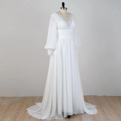 Lunivop V-Neck Full Sleeves Wedding Dress A Line Chiffon Bridal Gowns New Summer Lace White Women Dress