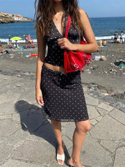 Lunivop V-Neck Lace-Up 2 Piece-Set Skirt Women's Sexy Sleeveless Slim Cropped Top And Tee Bow Contrast Summer Mini Skirt Outfits