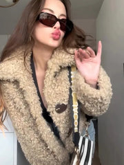 Lunivop Retro Lapel Lamb Wool Short Coats Women Casual Loose Metal Single Breasted Jackets Female Autumn Winter Chic High Street Tops