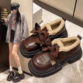 Lunivop Winter British Style Fashion Bowknot Small Leather Shoes for Women 2025 New Retro Plush Warm Cotton Shoes Women Mary Jane Shoes