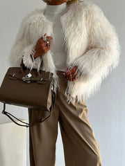 Lunivop Elegant Furry Faux Fur Short Coats Women Luxury Solid O-neck Long Sleeved Jackets Lady Autumn Winter Thickened Warm Outwears Top