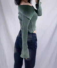Lunivop American Retro Gradient Color Rib Knitted Off the Shoulder Cardigan Women Zipper Up Flare Sleeve Slim Stretch Knitwear Jumper