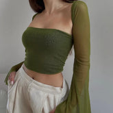 Lunivop Aesthetic Vintage Women 2 Piece Sets Strapless Tank Top With Sexy Mesh Sheer Flare Long Sleeve Shawl Street Outfit