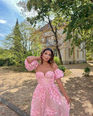 Lunivop Garden Pink Illusion Off The Shoulder Florals Dresses Women Handmade Flower Tulle Bridal Dress Midi Length Party Dresses