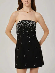 Lunivop Mini Dress For Women Strapless Splicing Beading Dress For 2025 Women's Black Elegant Fashion New Style Spring