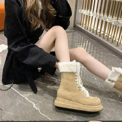 Lunivop New Thicken Plush Snow Boots Women Winter Faux Fur Mid-calf Boots Woman Lace-up Snow Boots Ladies Flat Warm Cotton Shoes