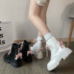Lunivop Punk Chunky Platform Motorcycle Boots Women Fashion Bowknot Lace-up Thick Bottom Ankle Boots Woman Autumn Winter Gothic Shoes