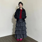 Lunivop Vintage Ruffle Plaid Skirt Women Elegant Sweet Long Skirts Japanese Style Streetwear Fashion Patchwork Layered Skirt
