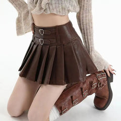 Lunivop Vintage Brown Leather Skirt Women Y2k Sexy Gothic Pleated Mini Skirt Black Punk Grunge Retro Short Skirts Streetwear