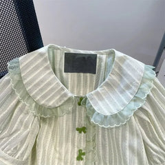 Lunivop Gentle Sweet Striped Peter Pan Collar Blouses Summer Fresh Green Puff Sleeve Shirts Women Y2k Grunge Bow Button Blusas Mujer