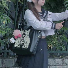 Lunivop Large Capacity Black Tote Bag Women High Street Lolita Gothic Leather Y2k Grunge Handbag Female Punk Dark Shoulder Bags