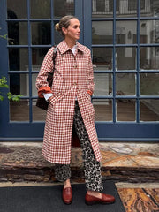 Lunivop Women Checkered Long Trench Coats Full Sleeve Single Breasted Pockets Lapel Loose Maxi Coat New Lady Autumn Daily Outerwear
