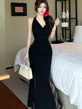 Lunivop Sexy Black Lace Hollowed Halter Dresses Women Off Shoulder Backless Slim Mermaid Long Dress High Fashion Party Outfits Vestidos