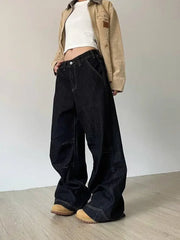 Lunivop Grunge Black Jeans Women Y2k Vintage Oversized High Street Wide Cargo Denim Trousers Casual Baggy Straight Denim Pants