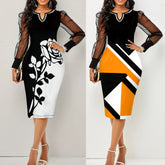 Lunivop Plus Size Fashionable V-Neck Printed Mesh Paneling Long Sleeve Bodycon Dress Women's Cross-Border Spring Autumn Slim Fit Skir...