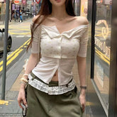 Lunivop Vintage Fake Two Piece Buttoned Cardigan T-shirts Y2k Slim Floral Print Tops Women Off Shoulder Short Sleeve Tee Shirt
