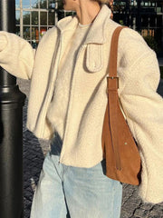 Lunivop Casual Patchwork Lamb Wool Short Coat Women Loose Solid Long Sleeved Jackets Female Autumn Winter Thickening Warm Outwear Tops