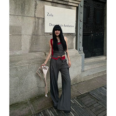 Lunivop Autumn New Fashion Spicy Girl Casual Stripe Waist Loose Wide Leg Pant Fake two pieces Women Trend Y2K Leisure Outfits Pants