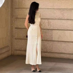 Lunivop Summer Elegant Lace Patchwork Casual Long Dress Women Solid O Neck Sleeveless Single Breasted Slim Lady Commute Street Robe