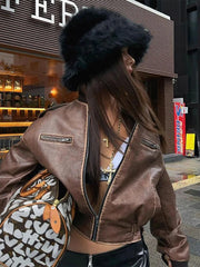 Lunivop Retro O-neck Zipper PU Leather Jackets Women Casual Loose Long Sleeved Jacket With Pocket Lady Autumn Chic High Street Outwears