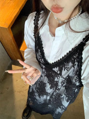 Lunivop Transparent Black Lace One-piece Dress Women Spring Summer V-neck Sleeveless Dress Korean Style Fashion Ladies Midi Slip Dress N