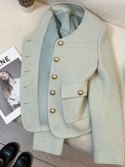 Lunivop Korean Sweet Green Jacket Women Casual O Neck Long Sleeve Tweed Coat Fashion Single Breasted Female Chic Blazer Jackets