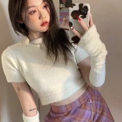 Lunivop Short High Waist Korean Solid Sweaters O-Neck Y2K Pullover Mink Cashmere Crop Tops Women Sueter Mujer Patchwork Long Sleeve