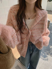 Lunivop Mohair Sweet Pink Cardigan Sweater Women Elegant Lazy Wind Chic Knitted Coat Loose Long Sleeve Fashion High Quality Tops