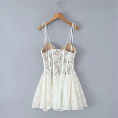 Lunivop Sexy White Lace Mesh Pad Chest Corset Style Tie Bow Strap Sling Mini Dress Women Low Waist Pleated Swing Dresses Party Robe