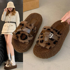 Lunivop Women Leopard Fur Cotton Slippers Platform Flats Casual Home Shoes 2025 New Fashion Buckle Cozy Slippers Winter Zapatos De Mujer