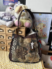 Lunivop Y2k Grunge Brown Shoulder Bags Purse Women New Vintage Patchwork Star Handbag Female Retro Casual Crossbody Tote Bag