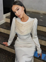 Lunivop O Neck Long Sleeve Sexy Maxi Dress For Women Fashion Elegant Solid Ruched High Waist Bodycon Long Dress Clubwear