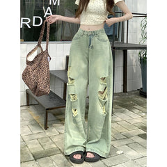 Lunivop Autumn American Ripped Blue Washed Jeans Women Oversized Retro Loose Casual Fashion Street High Waist Straight Wide Leg Jeans