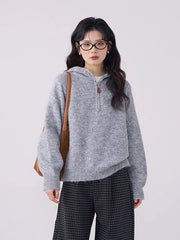 Lunivop Korean Vintage Gray Sweaters Women Long Sleeve Casual Simple Knitted Hooded Jumper Retro Loose All Match Female Fall Winter Tops