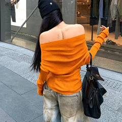 Lunivop Vintage Backless Pleated Orange Casual Long Sleeve Women Autumn New Streetwear Sexy Slim All Match Knitted Tops
