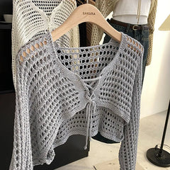 Lunivop Crochet Crop Tie Front Cardigan Women Long Sleeve Sheer OpenKnit Bolero Shrug Top Summer Beach Bikini Cover Up Y2K Outfit