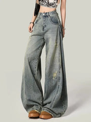 Lunivop Women Y2K Hole Jeans Streetwear American Retro High Waist Loose Denim Pants Casual Hip Hop Vintage Pockets Lady Gothic Trousers