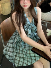 Lunivop Vintage Sweet Y2K Casual Chic Dress Women Slim Fit Bow V Neck Checkered Dress Summer Sexy Chic Spaghetti Strap Mini Skirt Outfit