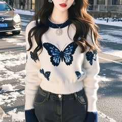 Lunivop Korean Lazy Butterfly Printed White Knitted Pullovers Fashion All-match Simple Sweater Mujer Autumn Winter O-neck Sweet Tops