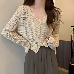 Lunivop Women Button Up Short Cardigan Knitted Shirt Hollow Out Crochet Crop Top Long Sleeved Thin Cover Up Teen-girl Casual Outfit