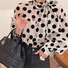 Lunivop Women Sexy Tie bow Collar Polka Dot Semi Sheer Shirt Long Sleeve See Through Organza Blouse Transparent Loose Tops
