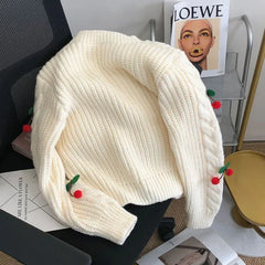 Lunivop Women Cherry Sweater Cardigan Cute Cherries Pom Pom Cable Knit Button-Up Knit Coat Fall Winter Korean Kawaii Sweet Outfit