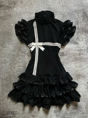 Lunivop Gothic Sweet Black Lace Spliced Bow Mini Dress Women Vintage Y2k Aesthetic Slim Fit Waist Ruffles A-line Party Dresse