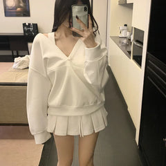 Lunivop Casual Hooded Pullover Top Women Y2K V-neck Hoodies Solid Harajuku Long Sleeve Hoodie Oversized Tops Female Loose Clothing