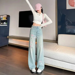 Lunivop French pink flower embroidered jeans women spring and autumn new high waist fashion slim wide-leg pants embroidered straight