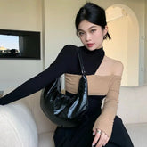 Lunivop New Autumn Personality Constrast Color Off The Shoulder Pullovers Y2k Aesthetic High Street Korean Clothes Vintage French Tops