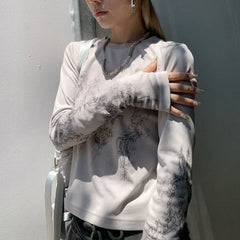 Lunivop Vintage Women Clothes Y2K T-shirts Blusas O-neck Long Sleeve Print Tunic Woman Clothing Fashion Casual Crop Tops Shirts