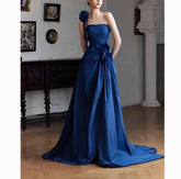 Lunivop High End Formal Flower One Shoulder Formal Occasion Dresses New Slim Waist Pleated Long Vestidos Satin Temperament A-line Gown formal dress