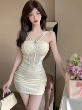 Lunivop Summer White Patchwork Sheer Diamonds Neck-mounted Sexy Dress Women Elegant Casual Short Dress Korean Vintage Bodycon Dress